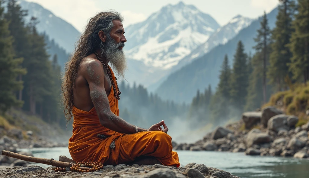 One man with good body structure meditating at one place holding his his head cut and kept on ground and meditating ,his head with good face and and long white beard and full hair ,that meditating person looks like bramhana