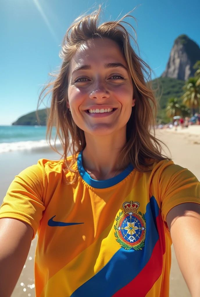 A girl with long natural white hair, with a ponytail hairstyle,She will wear a cropped top the color of the Brazilian flag and mini shorts the color of the Brazilian flag and white sandals,I want her at Christ the Redeemer striking poses for photos