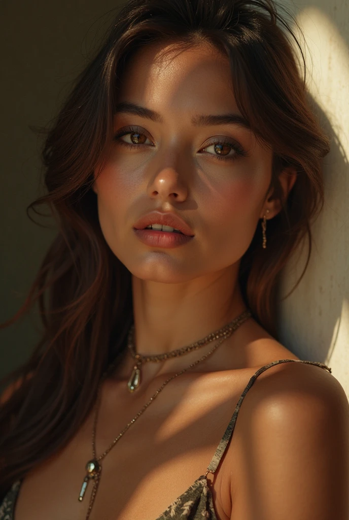 White woman with dark eyes, Brazilian, wearing delicate and discreet clothing 18k


