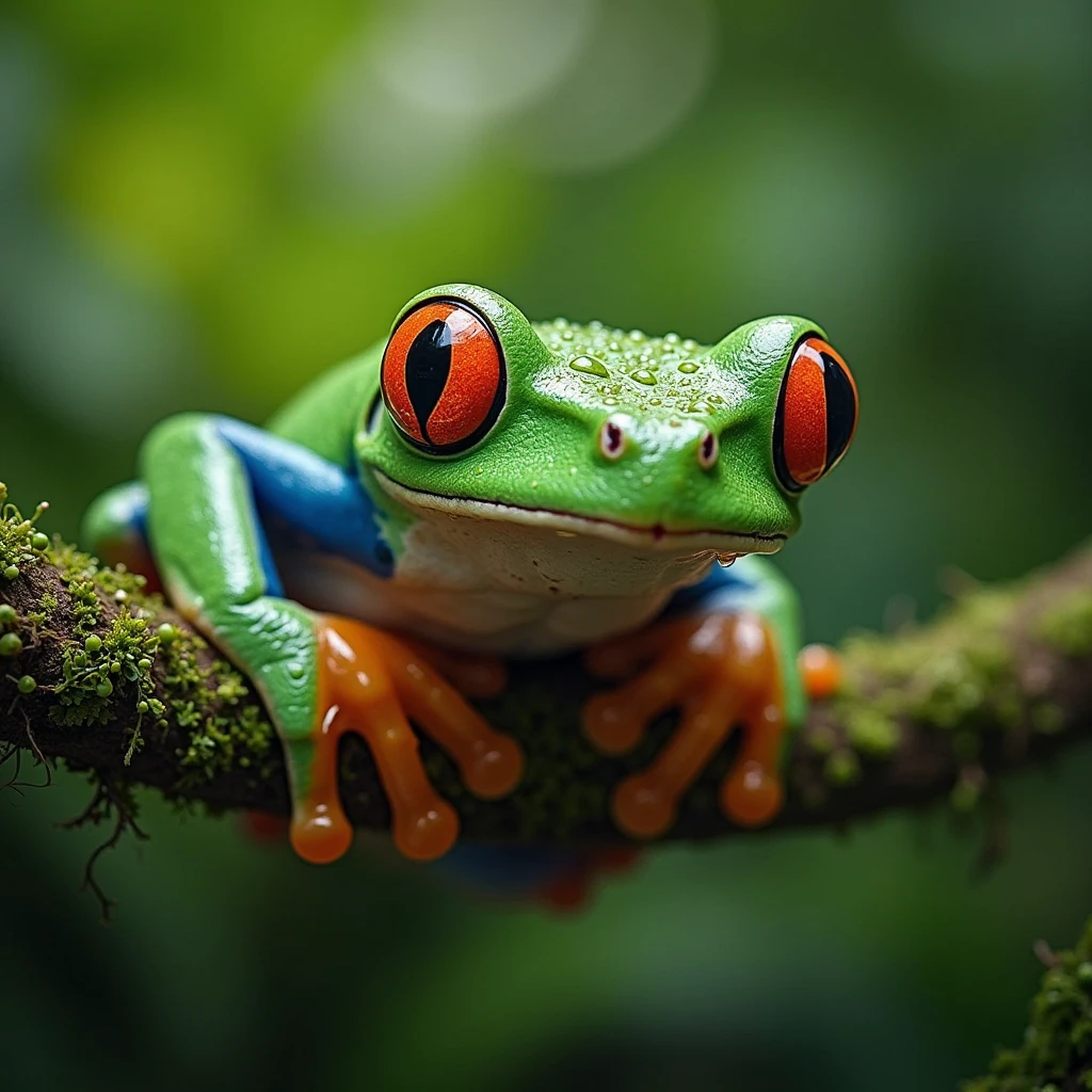 Dyscophus antongilii frog on a leaf eating a fly, tomato frog ,outdoors, realistic scenery. very wide shot, landscape, film, professional, 4k