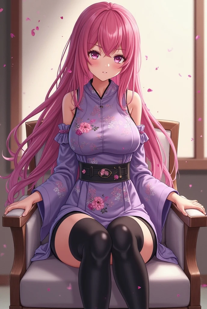 long hair，Loose pink and purple kimono，Pink and white skirt，Big boobs，Back，Hips