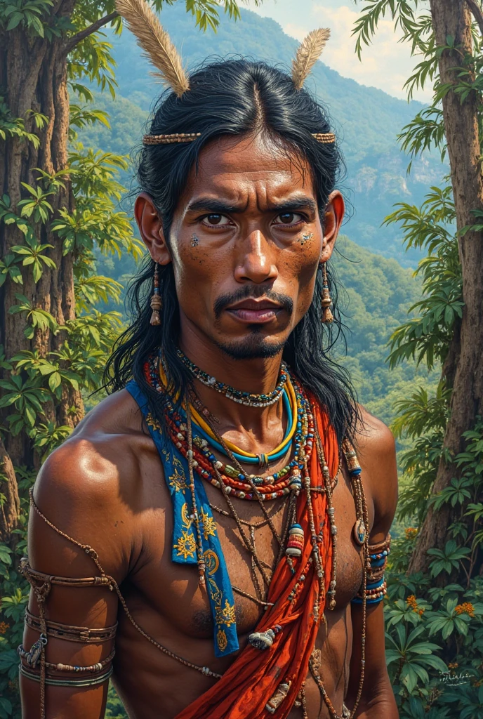 A Tupi Guarani indigenous man, on the left side a beautiful Amazon forest and on the right side the destroyed forest with its bruised face 