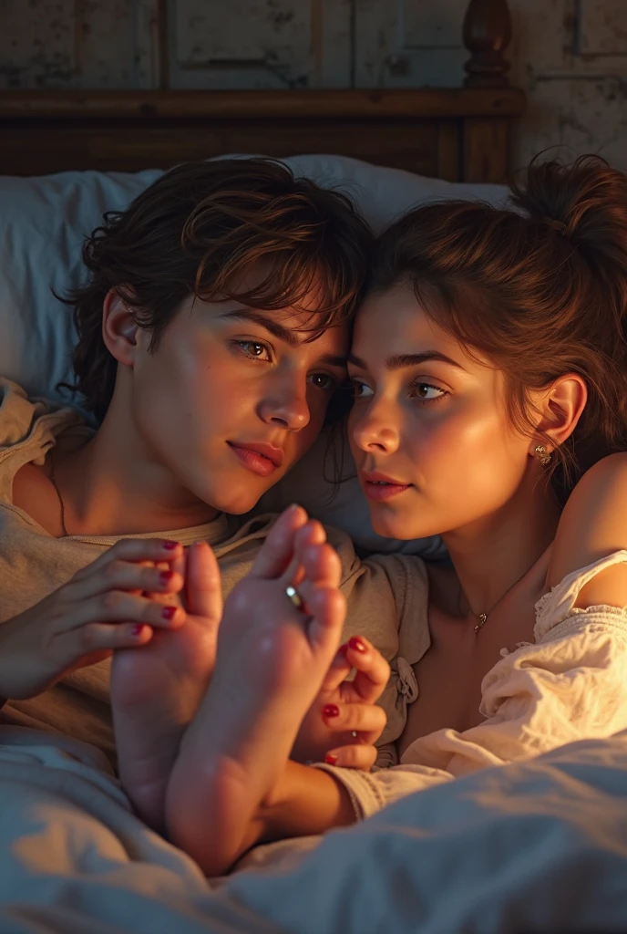a young white woman laying on back with her head resting on the lap of 18 y/o white handsome male, romantic atmosphere, happy faces, detailed faces, natural lighting, (best quality,4k,8k,highres,masterpiece:1.2),ultra-detailed,(realistic,photorealistic,photo-realistic:1.37),portraiture,warm color tones,soft lighting,gentle expression,loving gaze,intimacy,tender moment,natural setting,lush greenery,sun dappled,calm peaceful mood, normal eyes, detailed eyes,