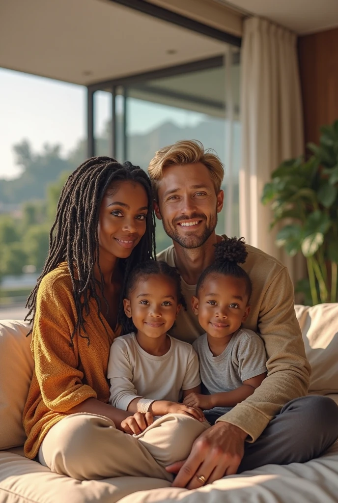 photograph of a family of 4, where the husband is white, blue eyed blondes, Italian with a good physique and good care, the wife is white with straight dark hair and looks like a psychologist, a 3 year old white baby daughter, with green eyes and straight blonde hair, a 13 year old black teenage son with African roots