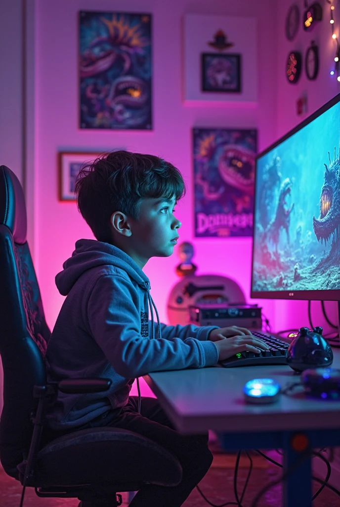Cut to a boy and there is a PC in front of him. On that PC he is playing games and he is looking at me. His room is a gaming room.