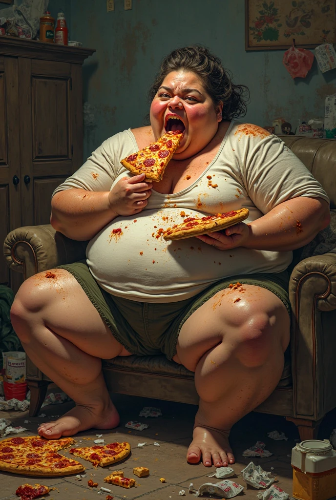 (Masterpiece, best quality, highres:1.3), (realistic:1.2), 1girl, (obese:1.4), (USSBBW), (fatblob:1.4), (immobile:1.4), (detailed, beautiful face:1.4), (african-american:1.2) woman, (massive belly:1.3), fast food worker, pleased, satisfied