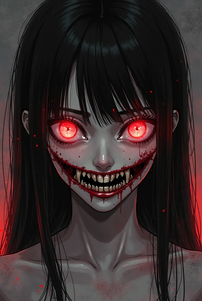 score_9, score_8_up, score_7_up, score_6_up, score_5_up, score_4_up, 1girl, solo, sharp teeth, large eyes, grin, scar, rows of teeth, blood on face, <lora:4yumuXLP:.8> <lora:junj11t0XLP:0.6> junj11t0, junji ito, creepy, <lora:Sinozick_Style_XL_Pony:0.8> sinozick style, dark theme,