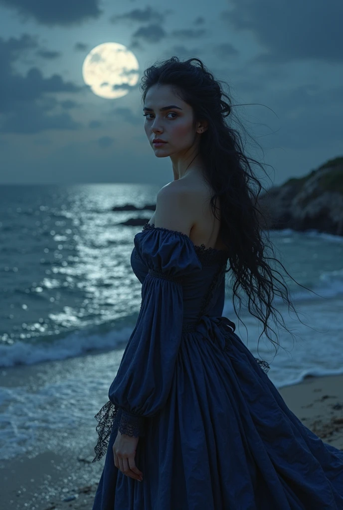 beautiful gothic girl, beautiful face, Beautiful smile, thin and voluptuous, wet medieval lace dress, Attached to the body, wet hair, barefoot, sitting on a rock of Mesopotamian origin, Seaweed. Exotic planet environment, mysterious, night fog, shores of a beach. thick fog, silent hill style 1:1 cinematic. masterpiece, hyperrealistic 4k 8k bioluminescent seabed.