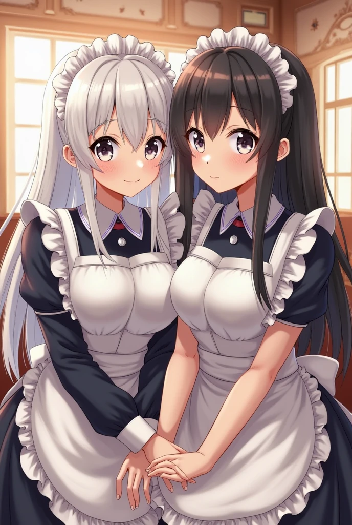 (masterpiece), indoors, computer, (2girls, multiple girls:1.2), (maid headdress:1.2), silver hair, purple eyes, BREAK, (black hair:1.03), cat ears, medium breasts, smile, (yellow eyes:1.04), hug, smile