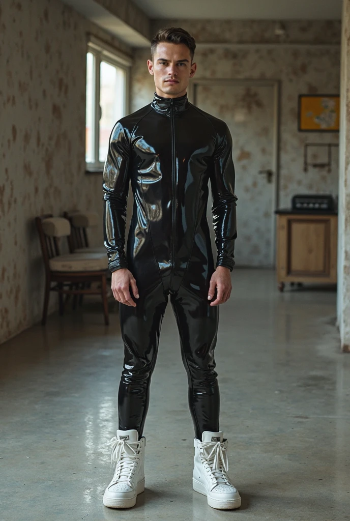 A young Spanish man wearing transparent clothing,White skin