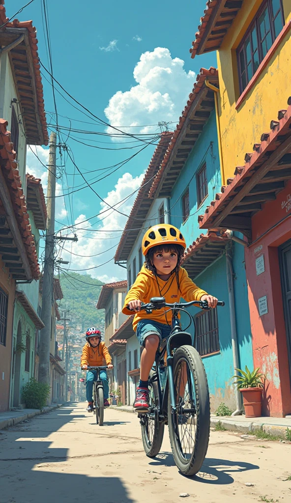 Cria uma imagem de menino andando de bicicleta pela cidade