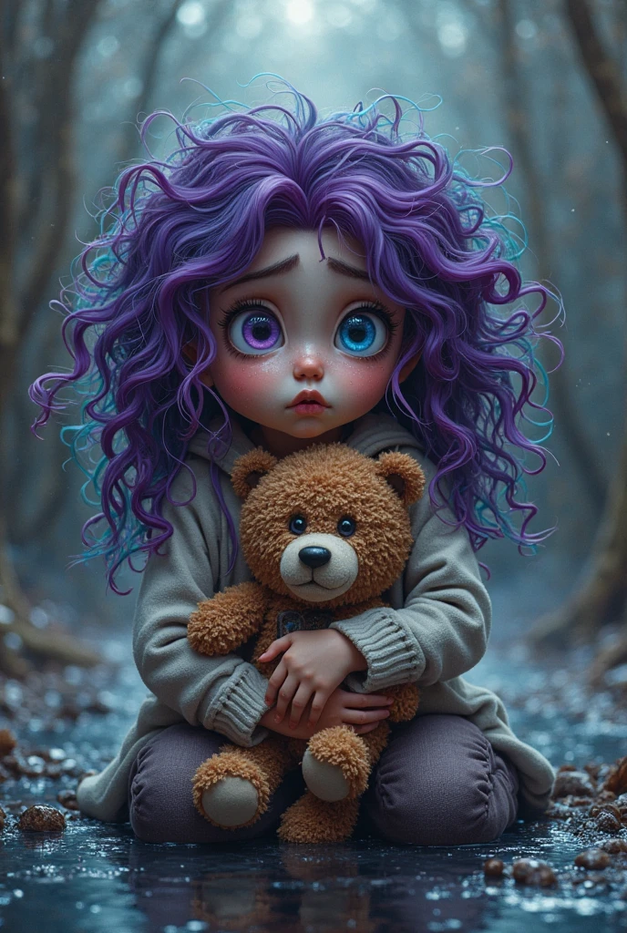 1 girl, pink hair, blue eyes, (Cowboy_shooting:1.2), facial focus, by the wide, side locks, scared,(scared:1.1) Expression, holding teddy bear, atmospheric lighting, moody, darkness, in an old abandoned museum, Clear glass display cases filled with interesting objects, dusty, after the apocalypse, Spider webs, Magnificent, Beautiful 8k wallpaper, extremely detailed, Intricate