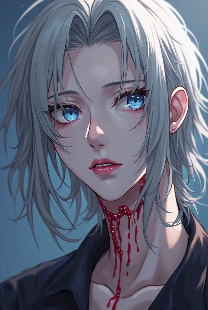 A sexy girl with long messy white hair in a ponytail with long bangs and blue eyes in a dark place in anime style with her mouth open and her hair having black streaks with dark gray clothes and having blood on some parts of her face