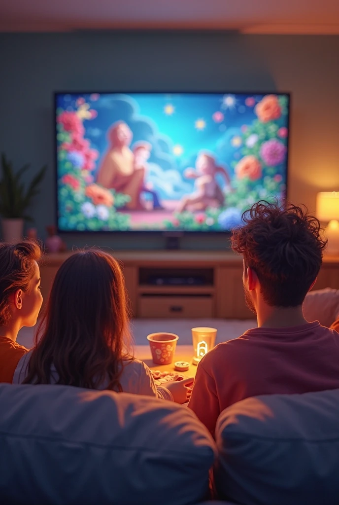 I want a coloring page that depicts a movie night at home where parents and children watch ????' movies at home, eating popcorn and hugging. 