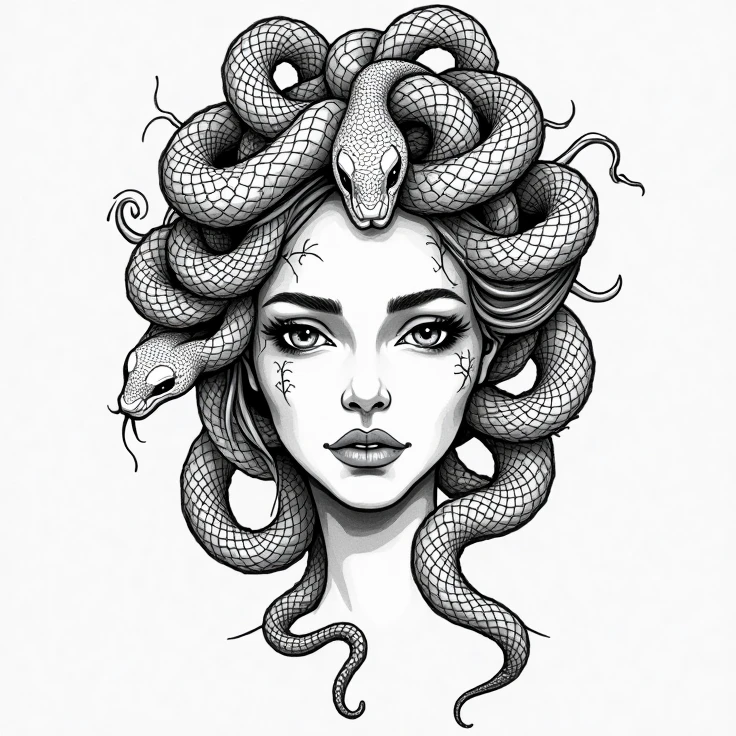 A drawing of a woman with a snake's head on her head, suas muitas cobras como cabelo;, mulher cobra, dama de cara de cobra, Retrato de Medusa, medusa feroz, muito triste medusa, Retrato da Medusa adolescente, Snake woman hybrid, medusa, Retrato de uma deusa do polvo, pintura de retrato medusa, mulher bonita do polvo, Rainha das Cobras, Medusa feita de cera, arte a tinta