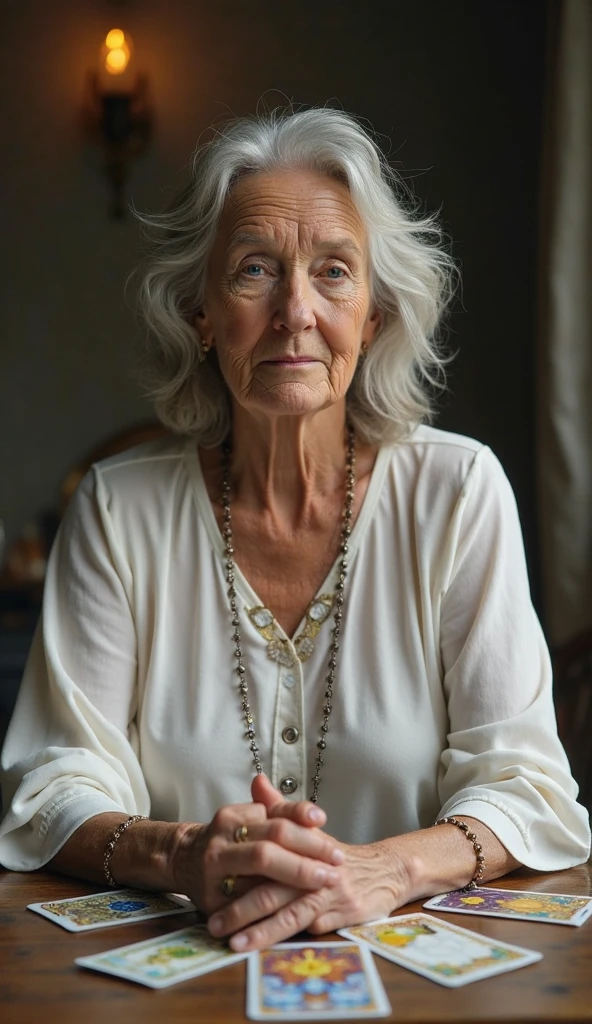 Image of Grandmother with scattered silver hair on her face in white dress her one hand on waist and second telling the beads