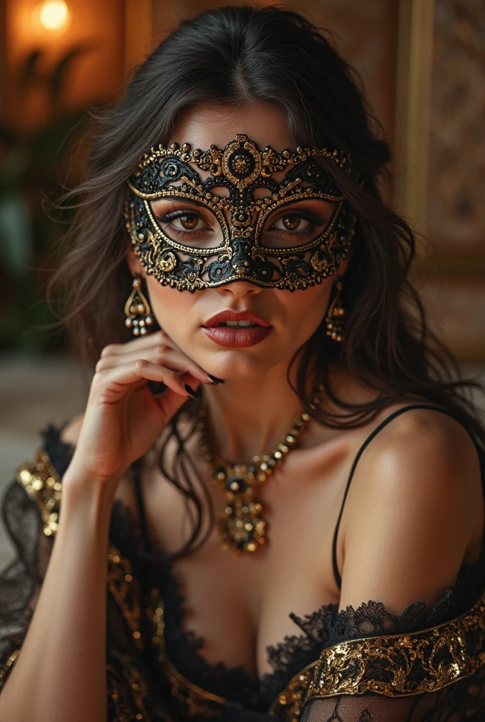 (woman in a masquerade party,elegant venetian mask,intricate costume,beautiful detailed eyes,beautiful detailed lips,extremely detailed face,highly detailed mask,moody bar interior,chiaroscuro lighting,dramatic shadows,cinematic,4k,8k,highres,masterpiece:1.2,ultra-detailed,realistic,photorealistic:1.37,rich colors,refined color palette,captivating)