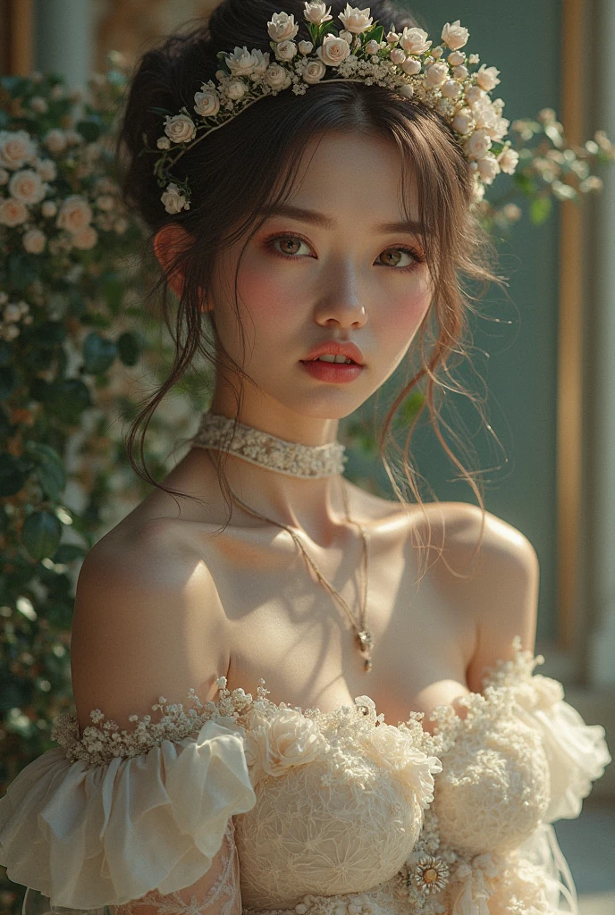 Beautiful woman with a bouquet of white roses