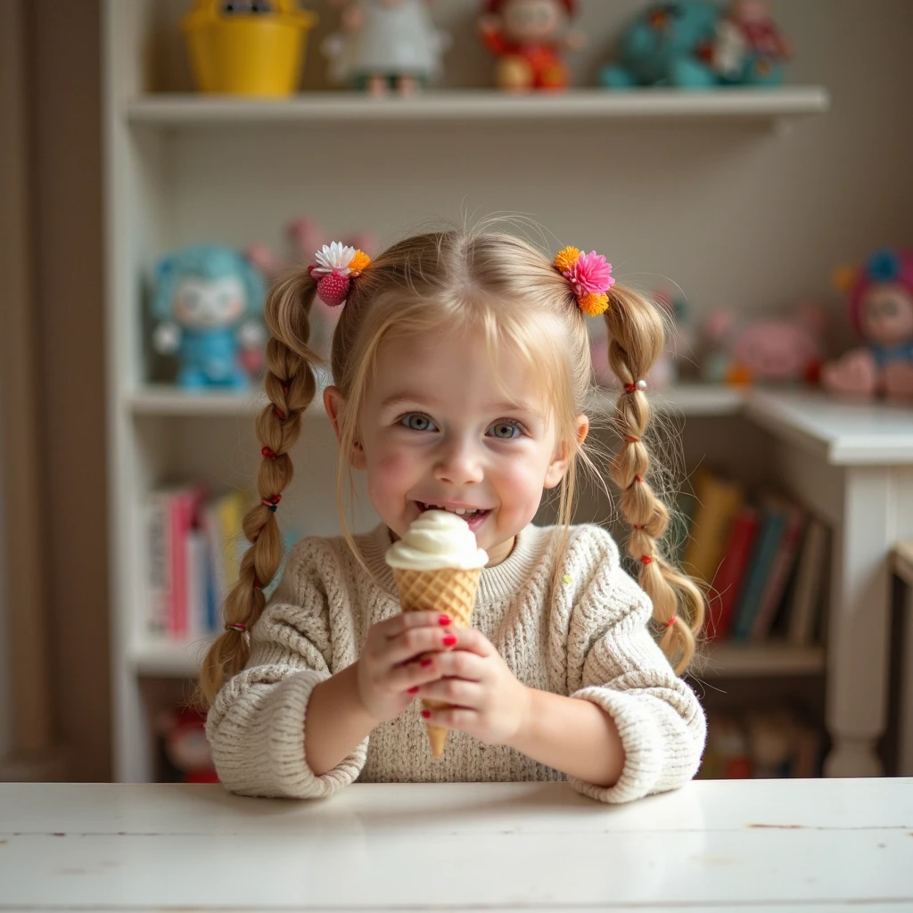 girl CHILD 10 years old, Russian blonde in braids, COMENDO MILHO, POPCORN,