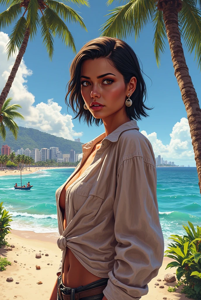 A closeup of a person in a bikini and shorts on a beach, realistic bikini, gta character, style of gta v, GTA5 style, like a GTAV character, gta character v, ocean in the background, GTA 6 style, estilo gta V, latina skin, leeloo outfit, skin tanned, gta 5 skin tone, no gta v
