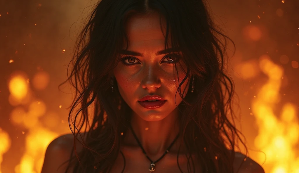 Lot of sunny light and flowers ,UHD masterpiece, masterpiece body details ,Devil Hell fit woman , more light from Hellfire lot of torches around , shiny oiled skin , hot się, lot of sweat , campfire on front , green eyes , makeup , long curlly dark blue hair with Red strips , front campfire near knees , public Perfect hair, wet , bright, muscles , strong fit, Perfect belly , fitness , visible public hair