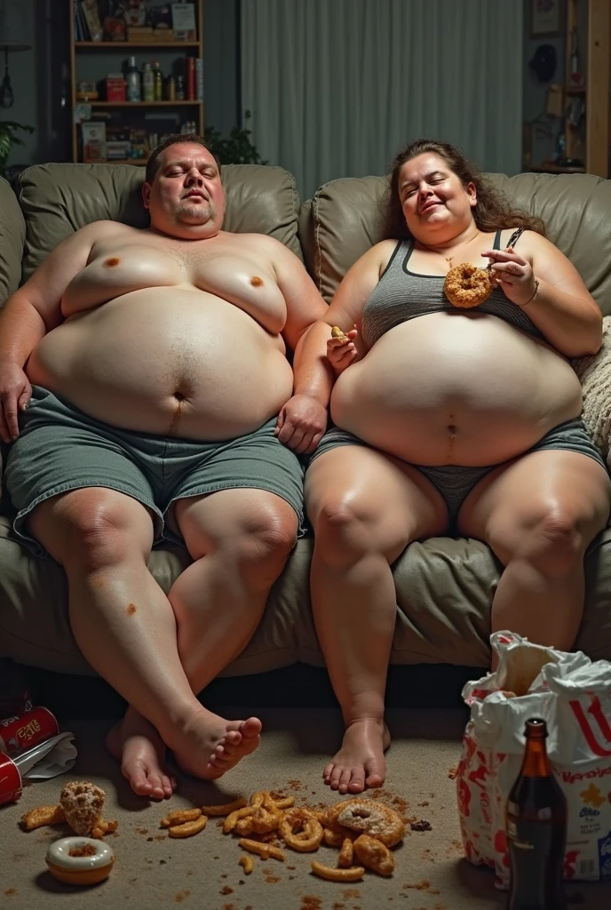 The dominant, muscular woman, with a physique sculpted like a goddess, stands triumphantly over her boyfriend, who is slumped in a chair, utterly weakened and on the brink of a food-induced coma. Her face beams with joy, her laughter echoing through the room as she revels in her control. Her fingers knead the soft, bloated rolls of his fat with a mixture of delight and satisfaction. His once-handsome features are now twisted in sadness, tears streaming down his cheeks as he sobs helplessly. His enormous, soft belly spills over his lap, a visible mark of his torment.
The room is a chaotic mess of fast food wrappers and discarded takeout containers, evidence of the relentless forced feeding. His clothes are stained with greasy sauces and food remnants, remnants of her cruel feast. Amidst the clutter, a framed photo on the wall captures a moment from when they first started dating. In the photo, the man, once muscular and fit, stands confidently beside the woman, who was less dominant in appearance at that time. This image serves as a stark reminder of how their dynamic has shifted. The lighting in the room casts harsh shadows, accentuating the dramatic contrast between her elation and his despair, as well as the stark disparity in their physical forms and emotional states.