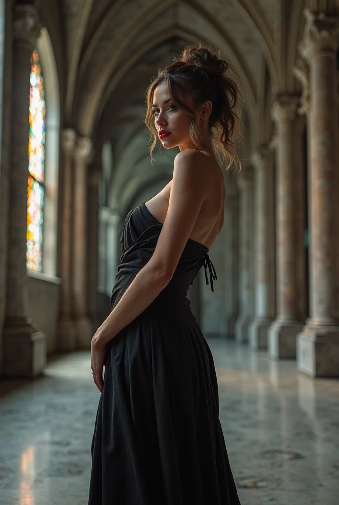 (Best Quality), (ultra-detailliert), (masuter piece), (hight resolution), (Original), (the Extremely Detailed CG Unity 8K Wallpapers), 1 woman, 20 years old, stalwart facial expression, confident, decadent, [:(Face detail: 1.4): 0.4], 16K resolution, 4k resolution, (Ventre plat parfait), (image couleur), BREAK I. Outfit: Elegant, enchanting, long and fitted dress, foot long dress, skintight dress, red stain dress, plunging back, long sleeves, extra wide golden hip belt with gold buckle, belt fits snugly, black and silver jewelry.
II. Venue: Gothic castle, dark and mysterious atmosphere, dim lighting with chandeliers, library full of old grimoires, mirrors framed with magical motifs, incense-scented candles, mystical mist floating in the air, old paintings of landscapes.
III. Decoration: Gothic ambiance, dim lighting with violet and blue lights, refined furniture with touches of black and silver, black velvet drapes, mirrors adorned with witchcraft motifs, lavender-scented candles, BREAK, looking at viewer, masterpiece, best quality, highly detailed, desire, blush, (Beautiful and detailed light blue eyes), complex light blue eyes, ((bright eyes)), white blond long hair, (beautiful and detailed face), supermodel, slender waist, thin body, narrow shoulders, close up portrait