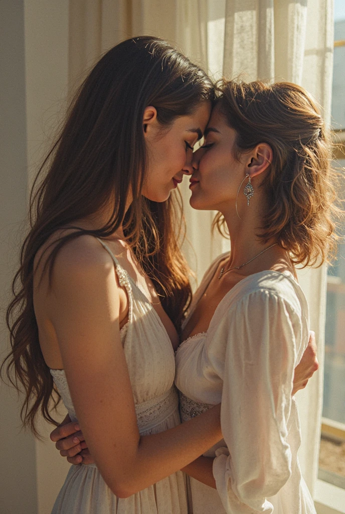 Generates an image of two women kissing while there is a penis between them
