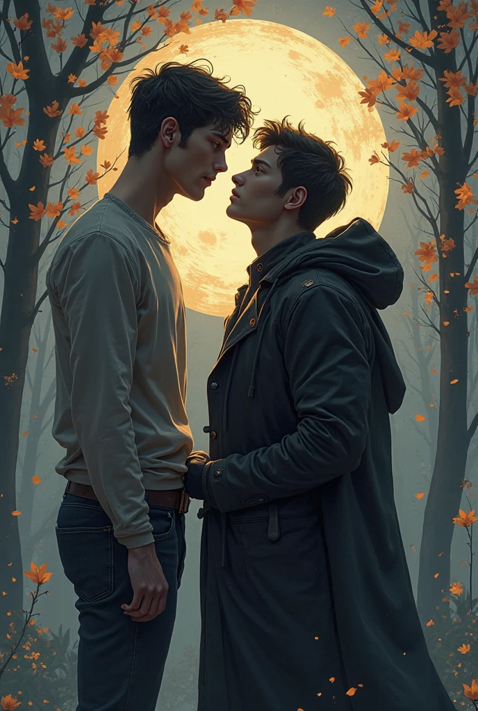 The characters Stiles, who is a short boy with brown hair wearing a hooded coat, and Derek, a tall man with black hair and serious features wearing a black leather jacket, kissing. In a dark forest, just the two of them with the full moon in the background.