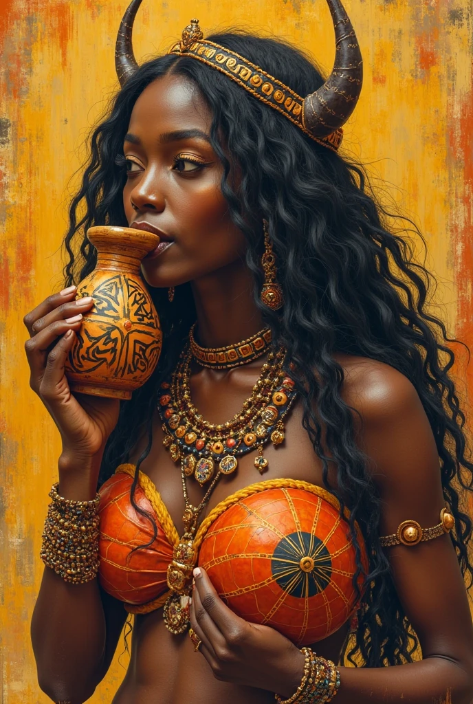 ultra-realistic Mayan goddess IXCACAO light brown and fuller skin, soft long wavy hair, Mayan accessories around the neck holding a bronze bowl with melted cocoa inside, dark-skinned goddess with full breasts resembling the cocoa fruit, chocolate goddess, of fertility, of abundance and agriculture. in the background cocoa beans and melted cocoa, convey depth