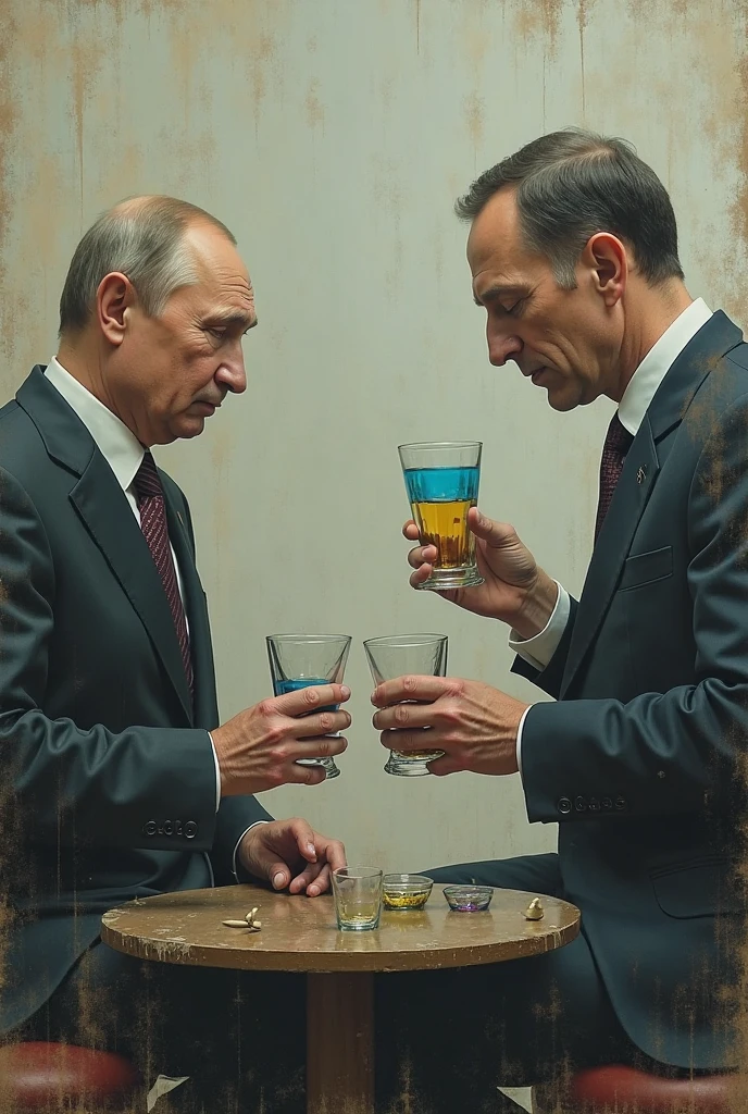 angry vladimir putin testing out a chair with rubber colored bottles and parachutte
