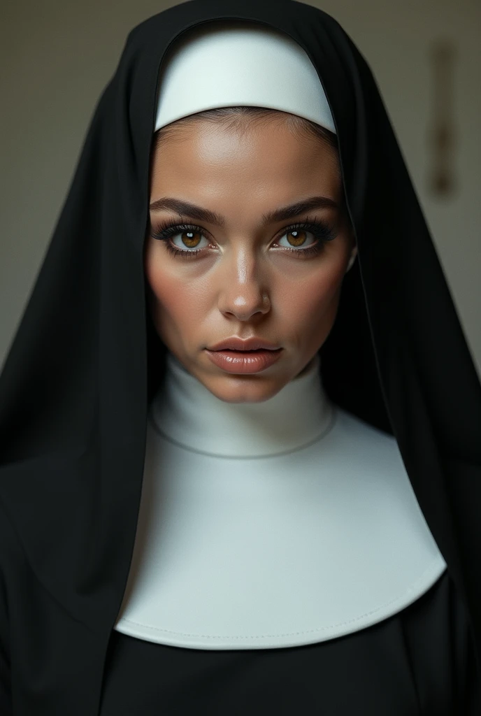 beautiful detailed eyes, beautiful detailed lips, extremely detailed eyes and face, long eyelashes, 1girl, nun, sexy battle nun, standing pose, leg slit, medieval gothic cathedral, stained glass windows, dramatic lighting, cinematic, dark colors, gritty, dramatic, powerful, intense, (best quality,4k,8k,highres,masterpiece:1.2),ultra-detailed,(realistic,photorealistic,photo-realistic:1.37)