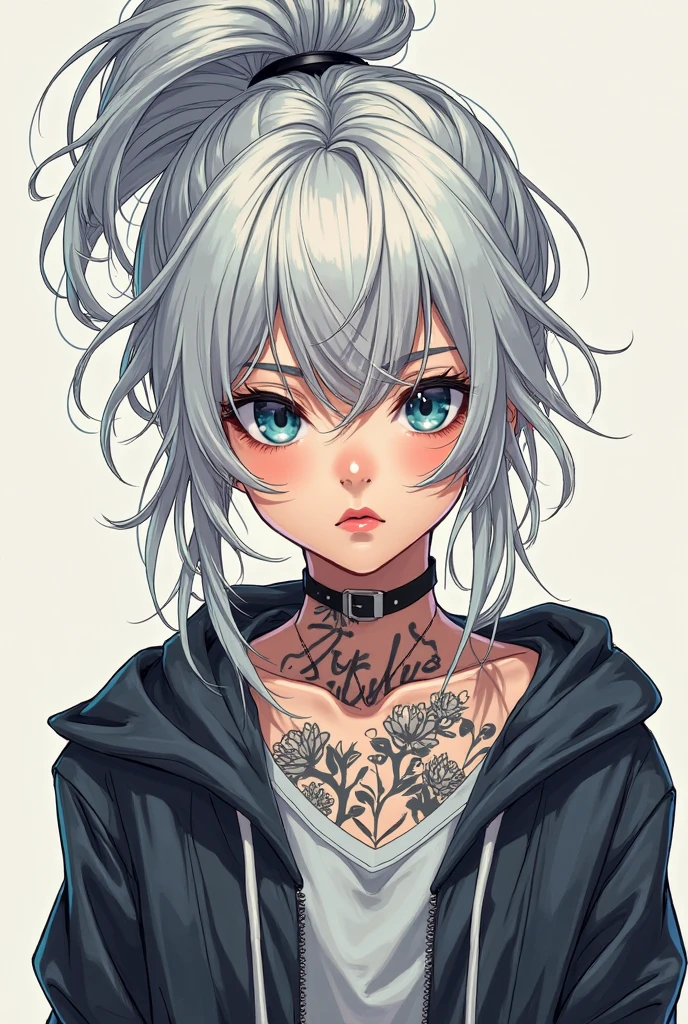 Serious asian girl with tattoos on her body, white hair and bangs, with BLACK eyes, anime style.