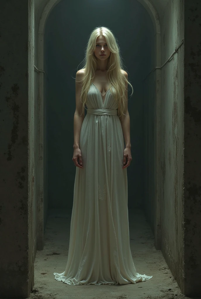 black and white sketch of the ghost of a blonde princess, 20 years old, wearing a white dress. her beauty is combined with the horror of the wounds on her face and body. he was standing in an abandoned castle. terrible atmosphere.