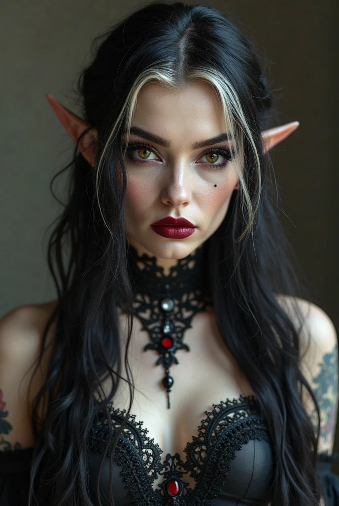 A dark elf (cute woman, pale white skin, large pointy ears, blood red eyes, large evil tattoos, sheer black lingerie), she is studying the glyphs in her summoning chamber, show all of her
