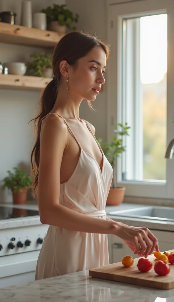 Realistic photo of a tall, very skinny American white woman with small round boobs, posing seductively in a modern kitchen with light glossy cabinets without handles. She's wearing a lace-trimmed short nightdress on spaghetti straps, her hair is slicked back in a bun, and she's holding a coffee cup. The location features a quartz stone countertop, built-in stainless steel appliances, and large panoramic windows with blinds. The natural lighting is complemented by an integrated lighting system under the cabinets, and the kitchen is filled with morning light, adding to the cozy atmosphere.