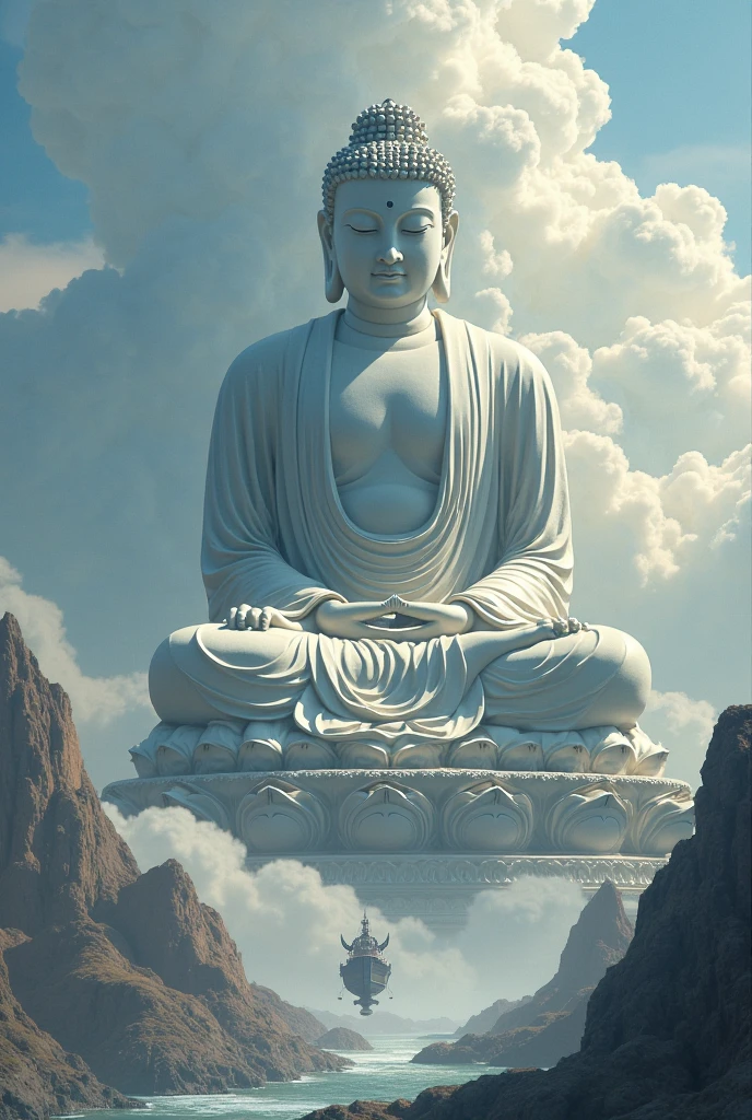 There is a statue of a man sitting on the beach, a Buddhist Buddha, Buddhist, Buddha, Buddhism, marc adamus, floating in a powerful zen state, Zen meditation, Pray with your hands folded in front of your chest,powerful zen composition, enlightening, serene emotion, inspired by Kaigetsudō Anchi, Meditation, inspired by Kaigetsudō Ando, On the road to enlightenment, inner peace, Serene expression,The distant mountains are set against the background of green mountains,The sea is clear and blue,8K quality,hyper HD,Master handwriting --auto