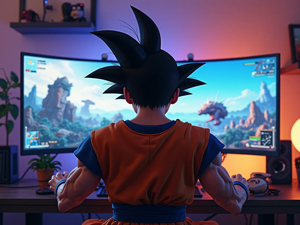 Goku playing game on his computer 