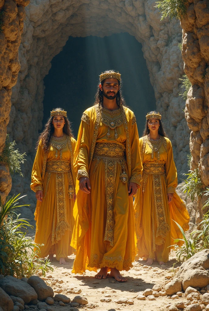 The image shows two main figures against a dark background. On the left is a man with the classic features of a Roman or Greek statue. He has a precisely sculpted beard and wavy hair, and his profile is turned to the right, highlighting his strong, austere features. On the right, a woman dressed in a white robe and gold ornaments looks down with a sad and worried expression. Her hair is dark and wavy, and she holds her hands together at chest level, suggesting a sense of apprehension or anxiety. The lighting highlights the facial expressions and details of the clothing, creating a striking contrast between the two figures.