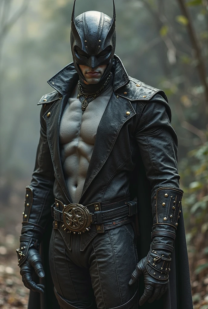 A muscular vampire, shirtless Caucasian male with short dark hair wearing black leather harness and briefs, he make black gloves , posing against at night outdoor. he wears the big wing robes,