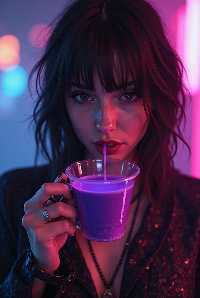 woman age 25, behind a refresh and magic purple daikiri, drink in a elegant cup, drink in foreground, girl behind, seeing throught the cup, bright black hair, glowing violet eyes, sensual, sexy pose, curves, large breasts, long eyelashes, very feminine, purple clothes