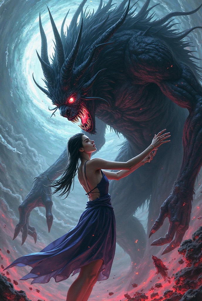 ((best quality)), ((masterpiece)), (detailed), A digital illustration of a furious long black haired woman wearing a full white princess dress throwing the head of a giant monster at night. The background is lava