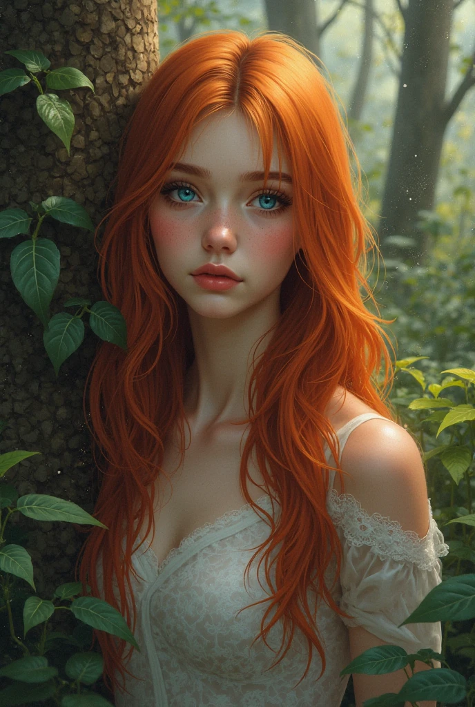 intricate detailed portrait of a beautiful young woman with red hair, delicate facial features, pale skin, sensitive expression, sitting in a lush green forest, dramatic lighting, cinematic composition, mystical atmosphere, fantasy, ethereal, painterly, warm color palette, magical realism