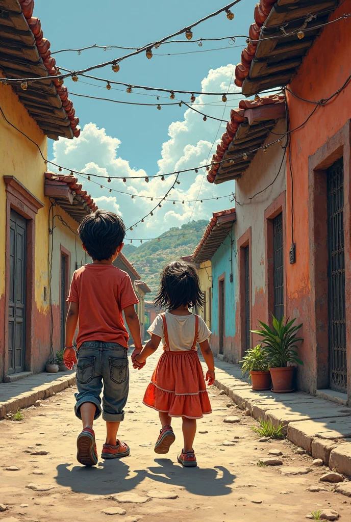 Create a horizontal image with the Plaza de Armas in Arequipa in the background, with a girl, a boy and a gray cat with a white chest and green eyes.