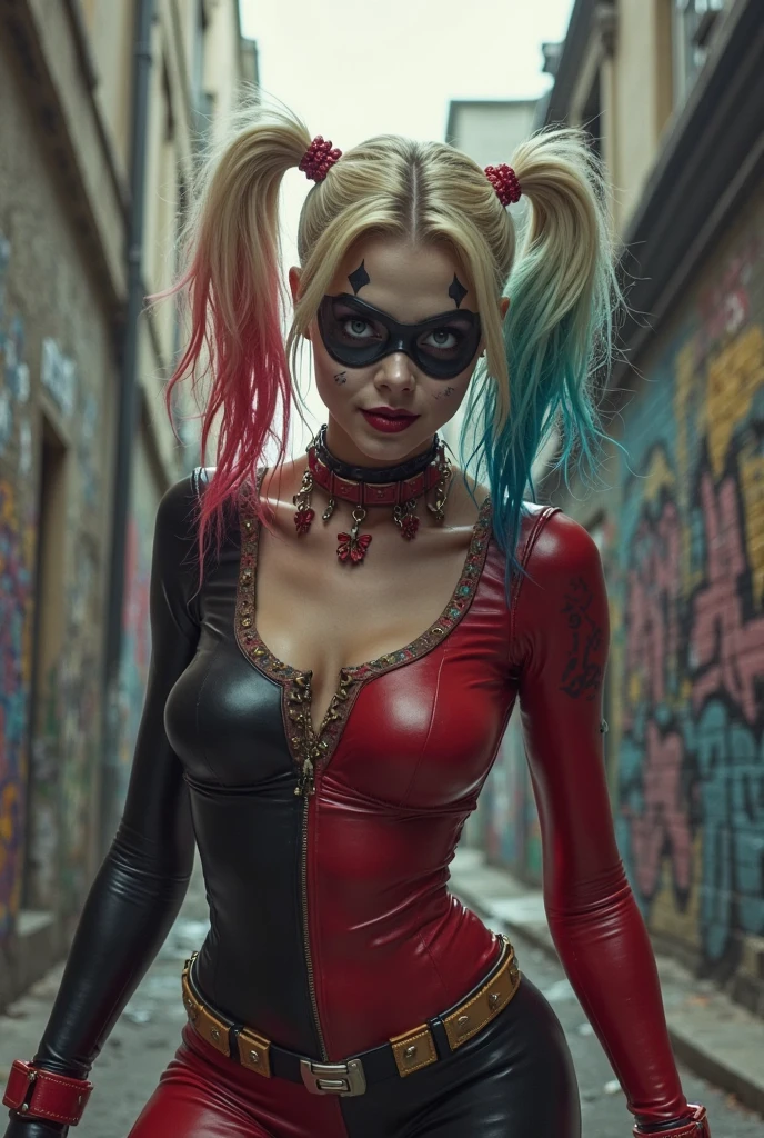 (((harley quinn))),hair with pink and blue highlights in the Harley Quinn style, (pink streaked hair on the left and blue streaked hair on the right, Harley Quinn style), Harley Quinn style eye shadow makeup, red shadow on the left eye, blue eyeshadow makeup on the right eye, black lipstick, offcial art, Unity 8k papel de parede, ultra detali, comely, comely, ((new goth girl:1.4)), master part, best qualityer, tenebrosa, atmospheric, Mystic, romantic, frightful, literature, until, lo fashion, Victory, decoration, intrikate, lace, contemplation, emotional depth, unearthly, 1 girl, standing alone, hip