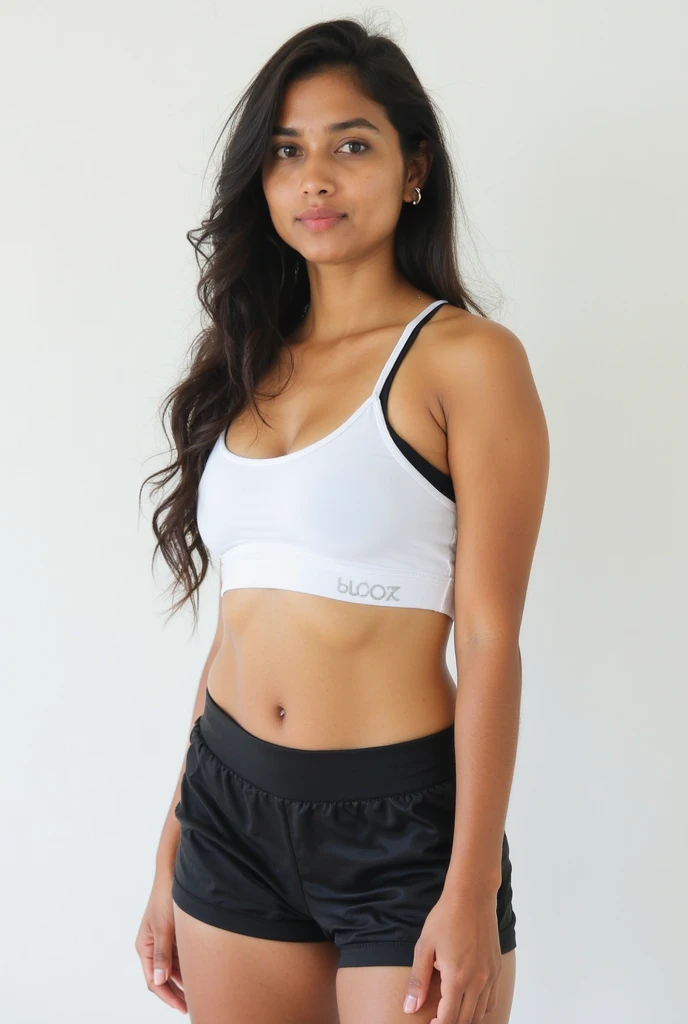 An indian Instagram model, wearing a grape blue sports bra, with white border, in a light background, rim light, key lights, giving lusty smile,