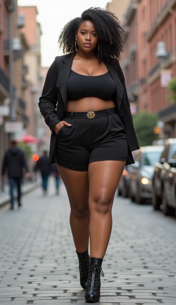 Mixed black ethnicity, curvy girl ,wearing black blazer and tights , long hair