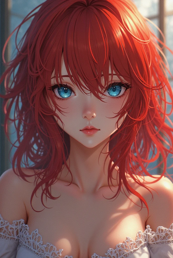 photo-realistic, surreal, cinematic lighting, 32K, 1 girl, Backlight, (bright light:1.2), (Improvement of quality:1.4), (Highest quality realistic textured skin:1.4), (Enhances the beauty of skin texture:1.3), (matte texture:1.3) , detailed eyes, detailed face, smile, close up of face, tan , (Enhances the beauty of skin texture:1.1), matte texture , blue-gray eyes , slanted eyes , (red hair:1.3) , (short hair) , (solo braid) , ((bangs)) , toned , curvy , large breasts , (completely nude:1.3) , shaved pussy , squat , pussy line ,