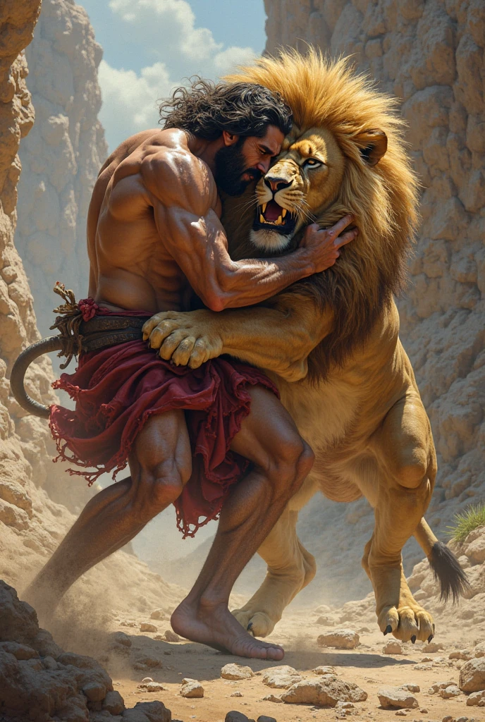 Create a realistic depiction of Samson from the Bible, with a focus on accurate skin texture and detail. Samson is in the midst of a fierce battle with a lion. His muscular physique should be prominent, showing the intensity of the fight. The lion should appear powerful and aggressive, with detailed fur and expression. The scene should convey a dramatic struggle, with emphasis on the raw physicality and dynamic motion of the combat.