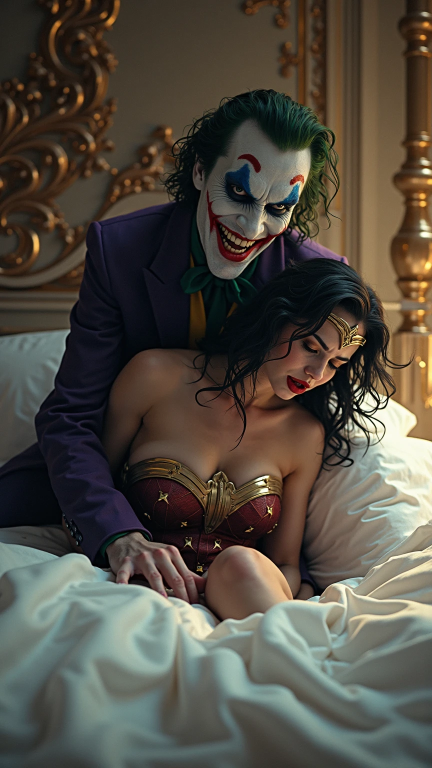 score_9, score_8_up, score_7_up, score_6_up, 1boy, monster, dark background, white costume,indoors, 
1girl, black hair, 
large breasts, dark-skinned female, black lingerie, kiss, backlighting, 
<lora:pennywise_v0.6-pony:1>
<lora:dark_v1.9-pony:1>